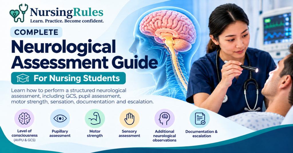NursingRules Complete Neurological Assessment Guide for nursing students covering consciousness, pupils, motor strength, sensation, neurological observations, documentation and escalation.