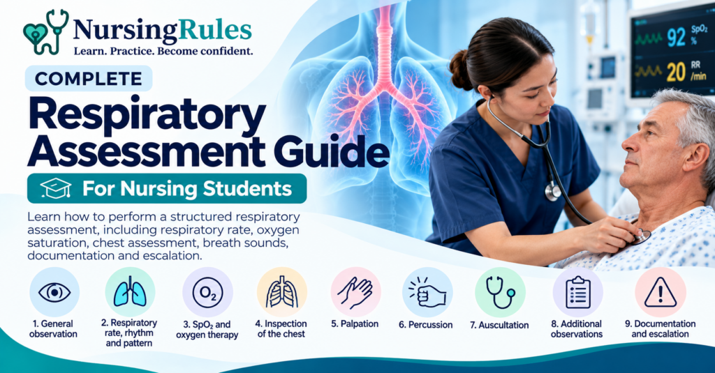 Respiratory assessment guide for nursing students covering respiratory rate, oxygen saturation, chest assessment, auscultation and escalation